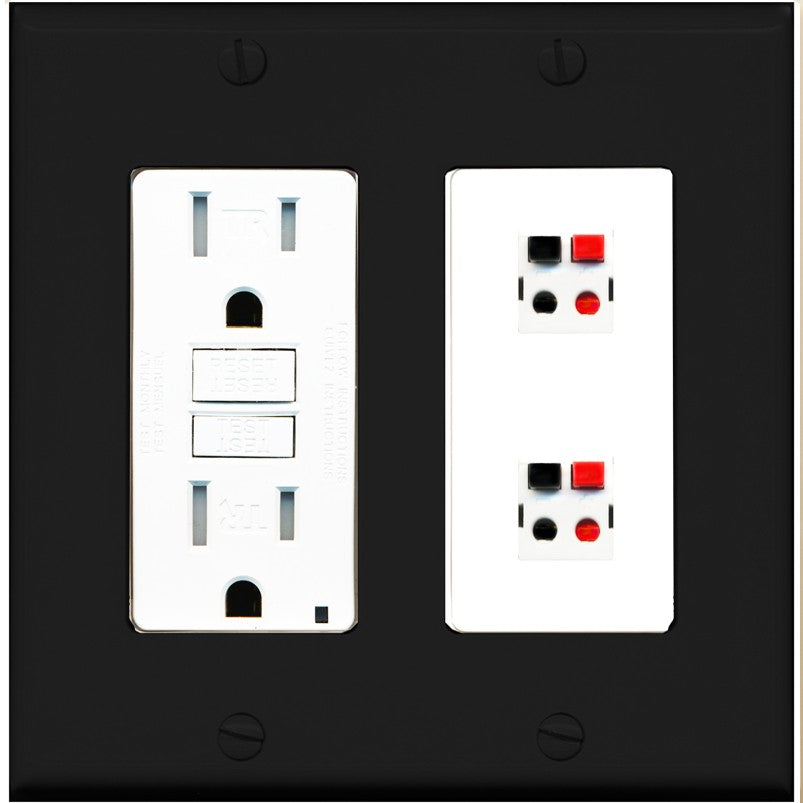 RiteAV 2 Port Speaker Wire Plug Jack Wall Plate - GFCI Outlet [Black/White]