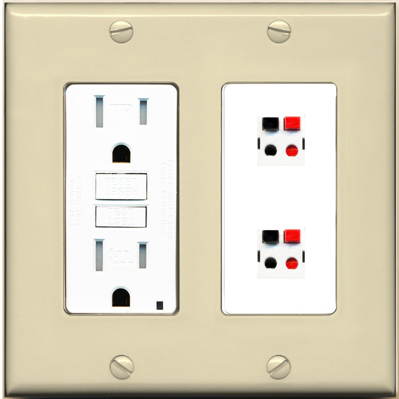 RiteAV 2 Port Speaker Wire Plug Jack Wall Plate - GFCI Outlet [Ivory/White]