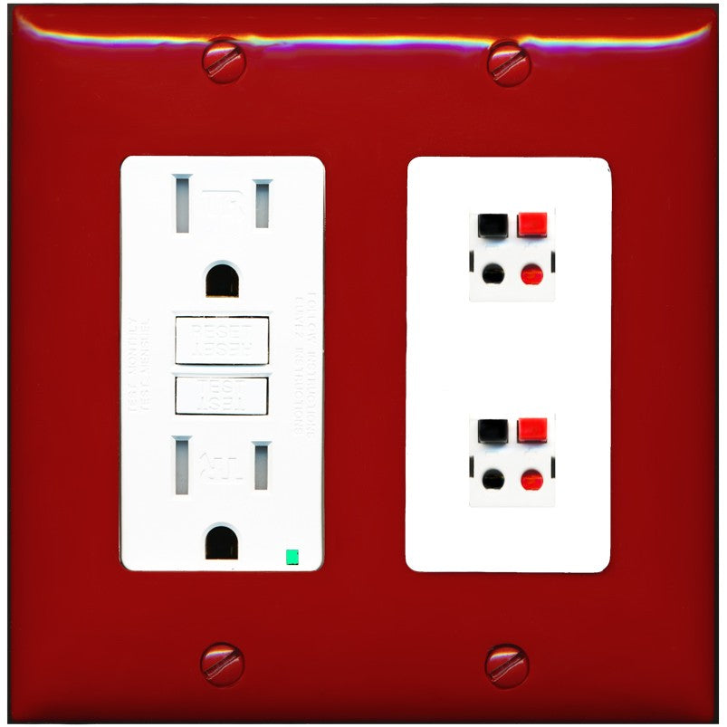 RiteAV 2 Port Speaker Wire Plug Jack Wall Plate - GFCI Outlet [Red/White]