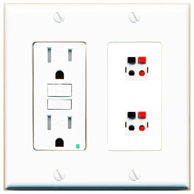 RiteAV 2 Port Speaker Wire Plug Jack Wall Plate - GFCI Outlet [White]