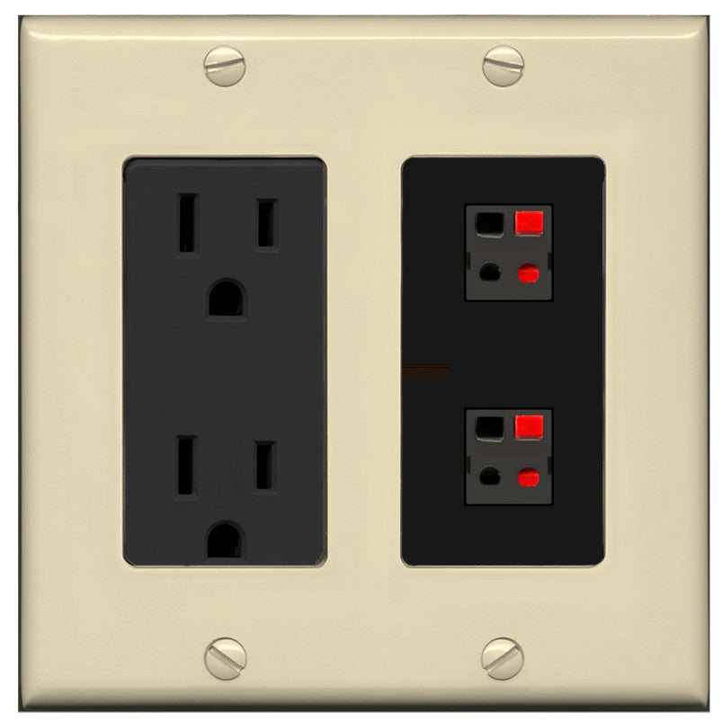 RiteAV 2 Port Speaker Wire Plug Jack Wall Plate - Outlet [Ivory/Black]