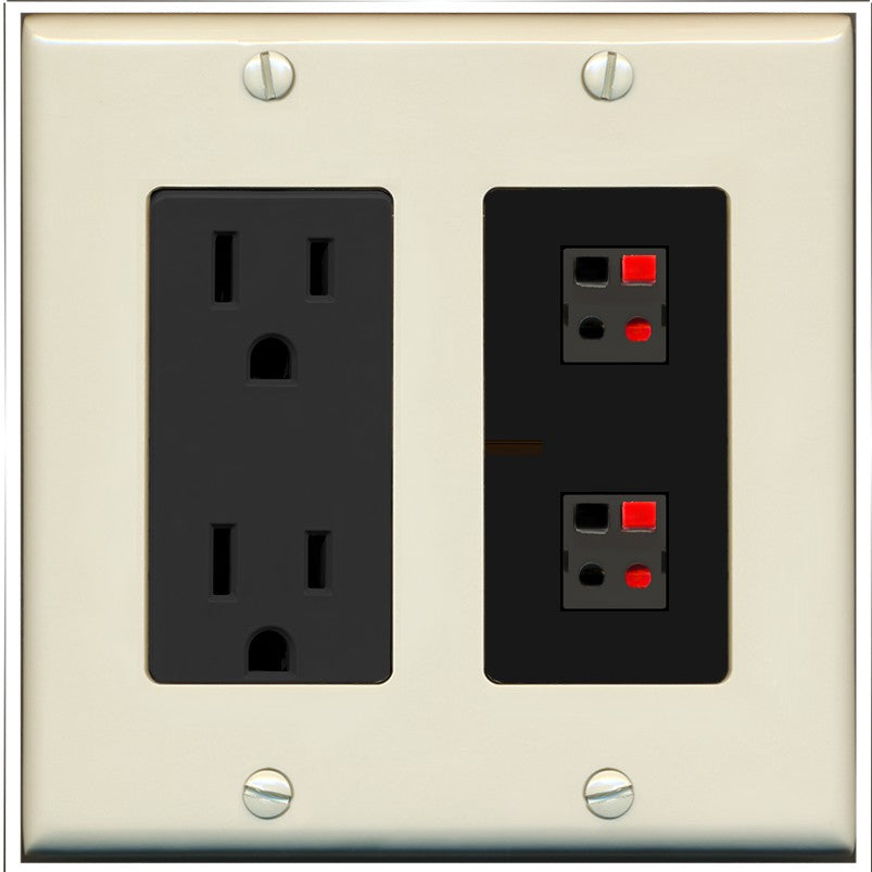 RiteAV 2 Port Speaker Wire Plug Jack Wall Plate - Outlet [Light-Almond/Black]