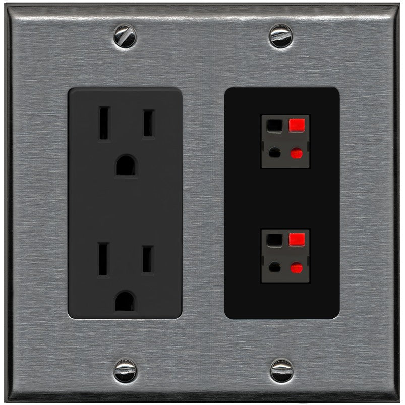 RiteAV 2 Port Speaker Wire Plug Jack Wall Plate - Outlet [Stainless/Black]