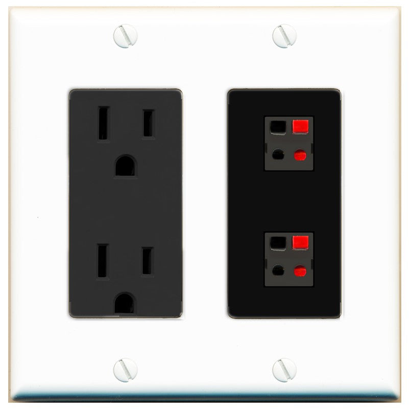 RiteAV 2 Port Speaker Wire Plug Jack Wall Plate - Outlet [White/Black]