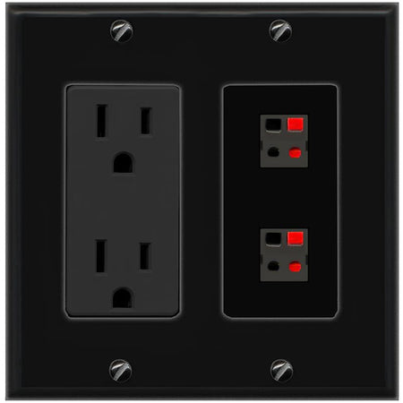 RiteAV 2 Port Speaker Wire Plug Jack Wall Plate - Outlet [Black/Black]