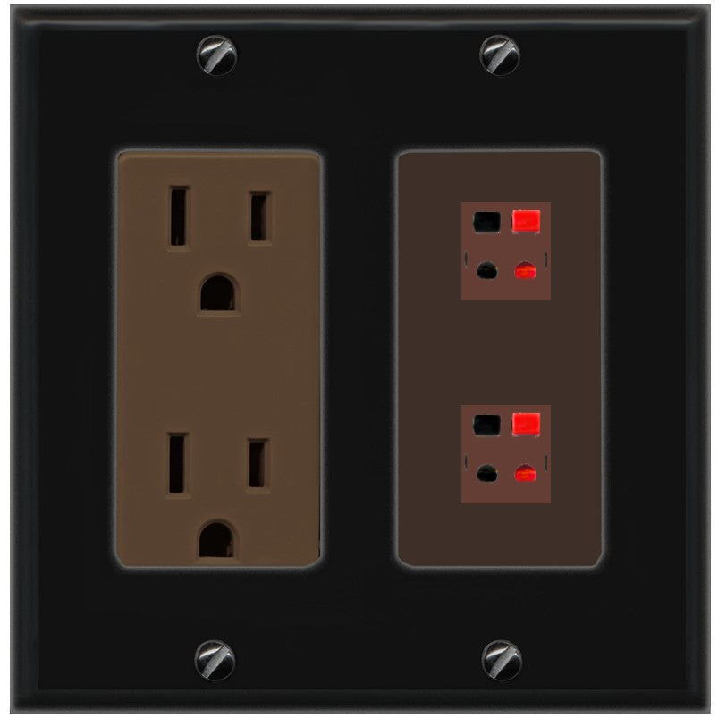 RiteAV 2 Port Speaker Wire Plug Jack Wall Plate - Outlet [Black/Brown]