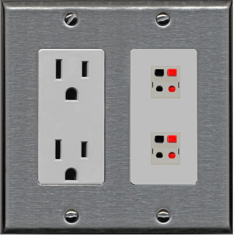 RiteAV 2 Port Speaker Wire Plug Jack Wall Plate - Outlet [Stainless/Gray]