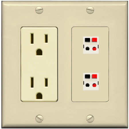 RiteAV 2 Port Speaker Wire Plug Jack Wall Plate - Outlet [Ivory/Ivory]