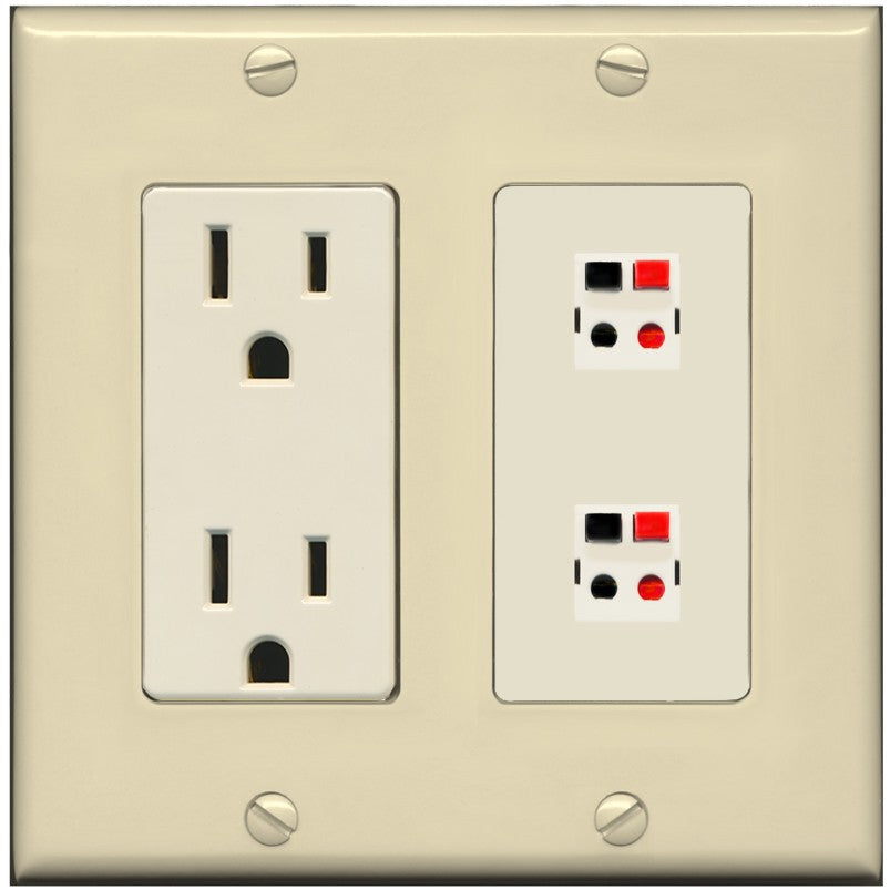 RiteAV 2 Port Speaker Wire Plug Jack Wall Plate - Outlet [Ivory/Light-Almond]