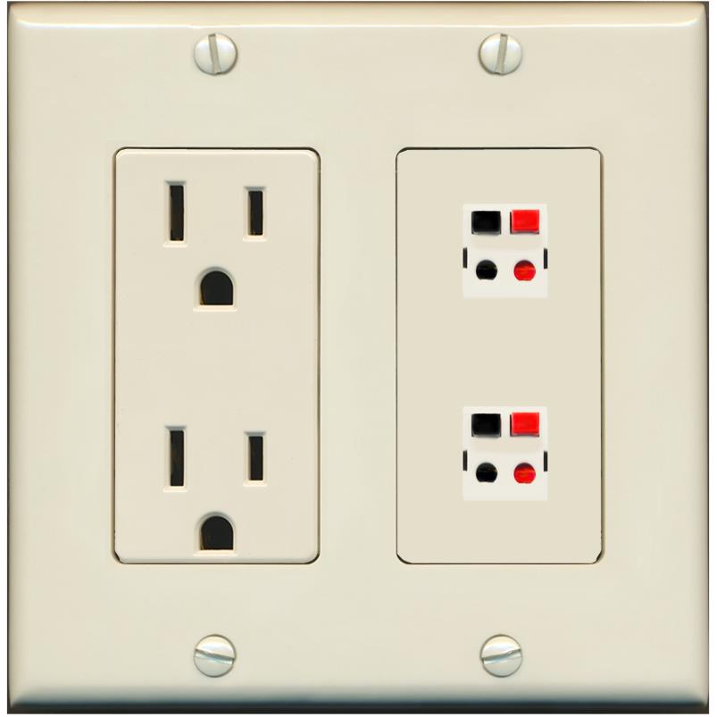 RiteAV 2 Port Speaker Wire Plug Jack Wall Plate - Outlet [Light-Almond]