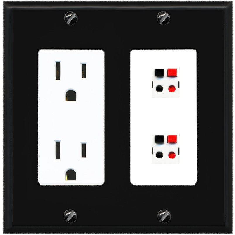 RiteAV 2 Port Speaker Wire Plug Jack Wall Plate - Outlet [Black/White]
