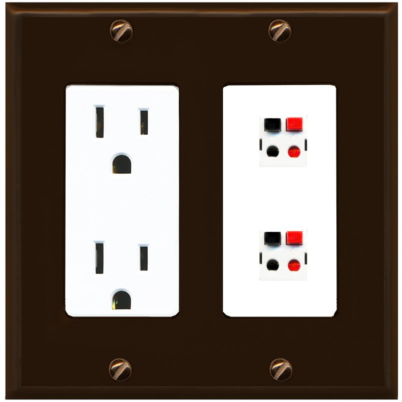 RiteAV 2 Port Speaker Wire Plug Jack Wall Plate - Outlet [Brown/White]
