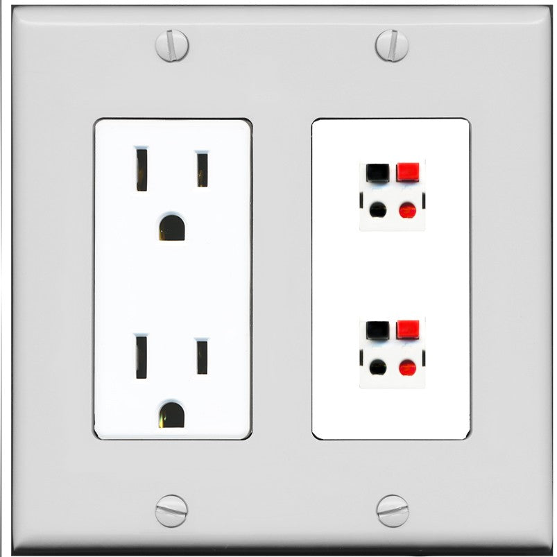 RiteAV 2 Port Speaker Wire Plug Jack Wall Plate - Outlet [Gray/White]