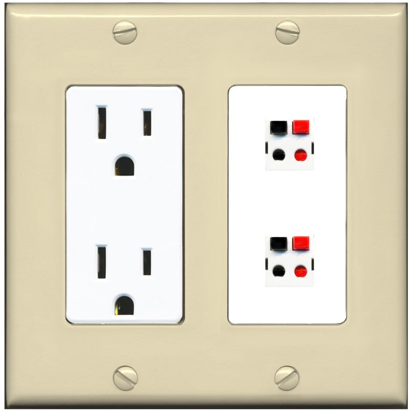 RiteAV 2 Port Speaker Wire Plug Jack Wall Plate - Outlet [Ivory/White]
