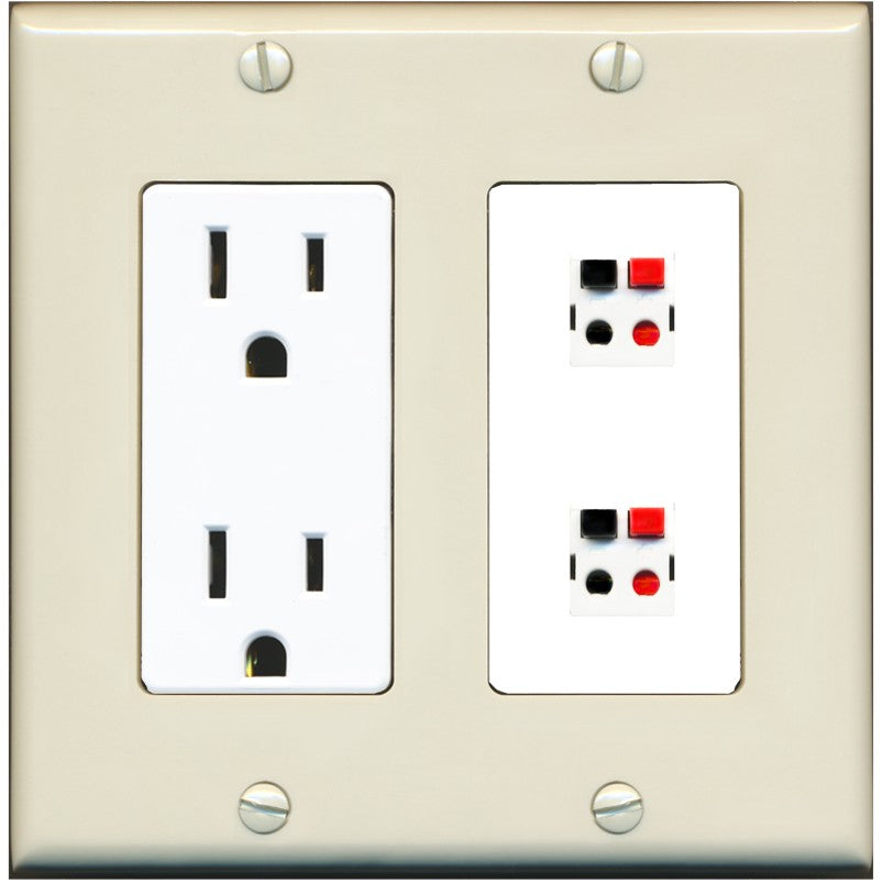 RiteAV 2 Port Speaker Wire Plug Jack Wall Plate - Outlet [Light-Almond/White]