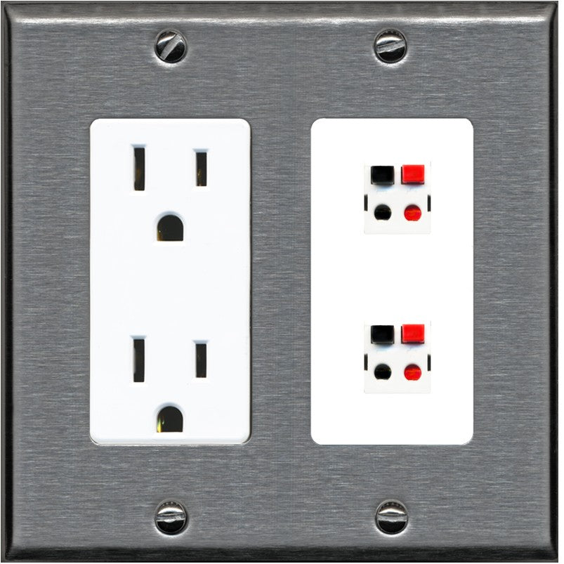 RiteAV 2 Port Speaker Wire Plug Jack Wall Plate - Outlet [Stainless/White]