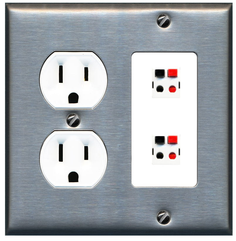 RiteAV 2 Port Speaker Wire Plug Jack Wall Plate - Round Outlet [Stainless/White]