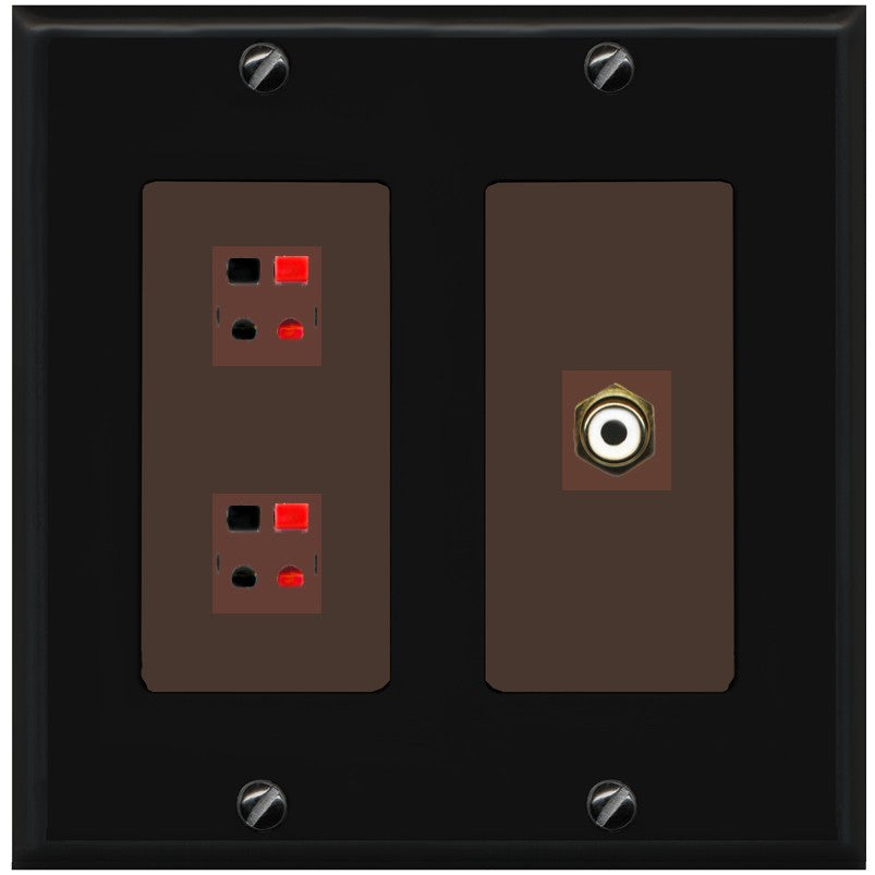 RiteAV 2 Port Speaker Wire Plug Jack Wall Plate with 1 RCA for Subwoofer - 2 Gang [Black/Brown]