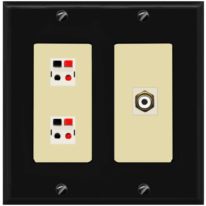 RiteAV 2 Port Speaker Wire Plug Jack Wall Plate with 1 RCA for Subwoofer - 2 Gang [Black/Ivory]