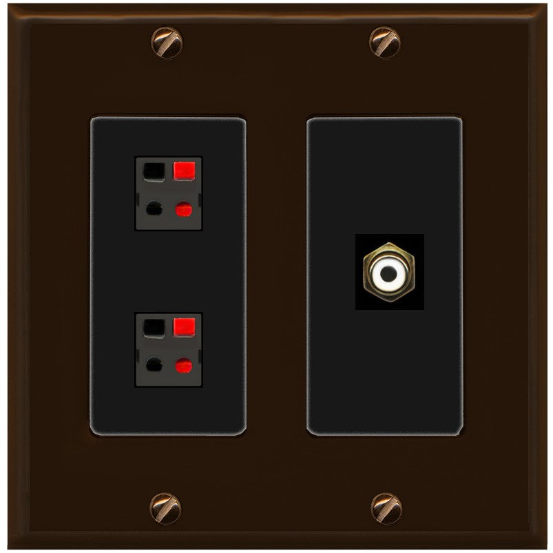 RiteAV 2 Port Speaker Wire Plug Jack Wall Plate with 1 RCA for Subwoofer - 2 Gang [Brown/Black]