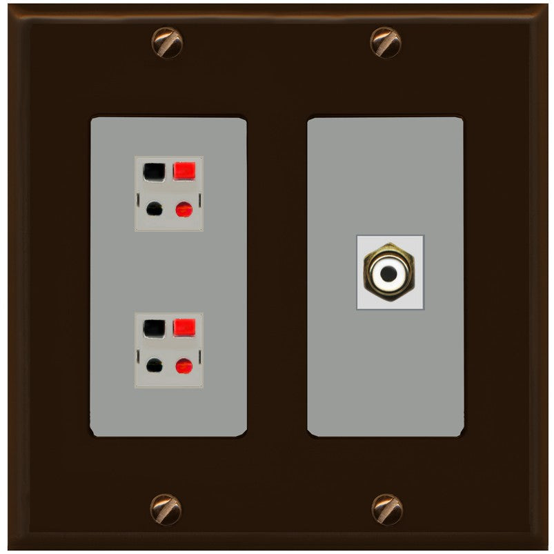 RiteAV 2 Port Speaker Wire Plug Jack Wall Plate with 1 RCA for Subwoofer - 2 Gang [Brown/Gray]