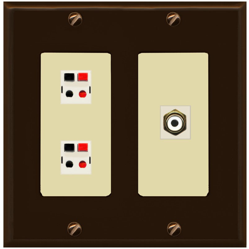 RiteAV 2 Port Speaker Wire Plug Jack Wall Plate with 1 RCA for Subwoofer - 2 Gang [Brown/Ivory]