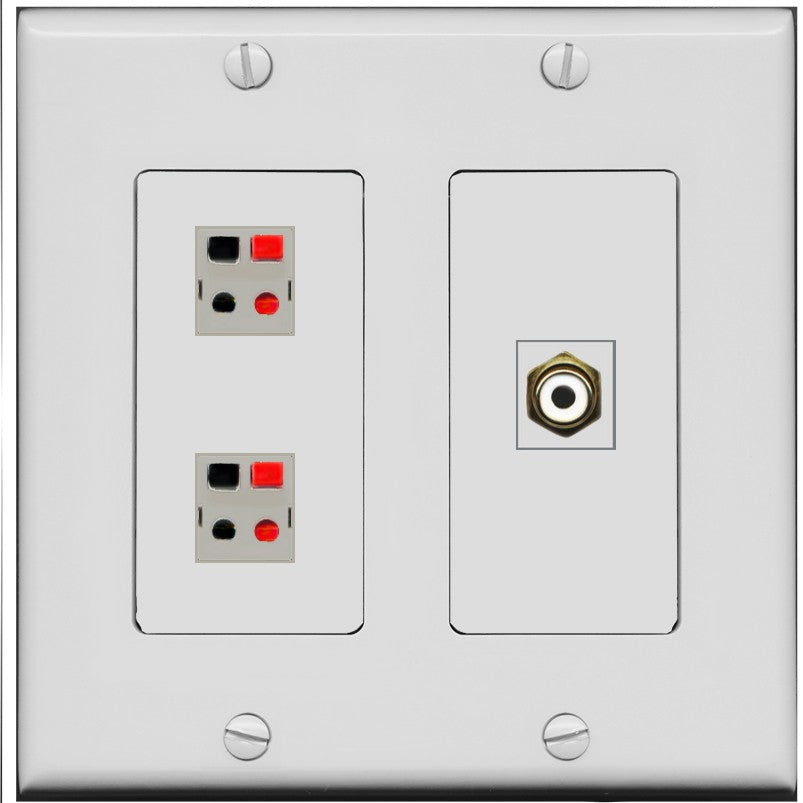 RiteAV 2 Port Speaker Wire Plug Jack Wall Plate with 1 RCA for Subwoofer - 2 Gang [Gray/Gray]