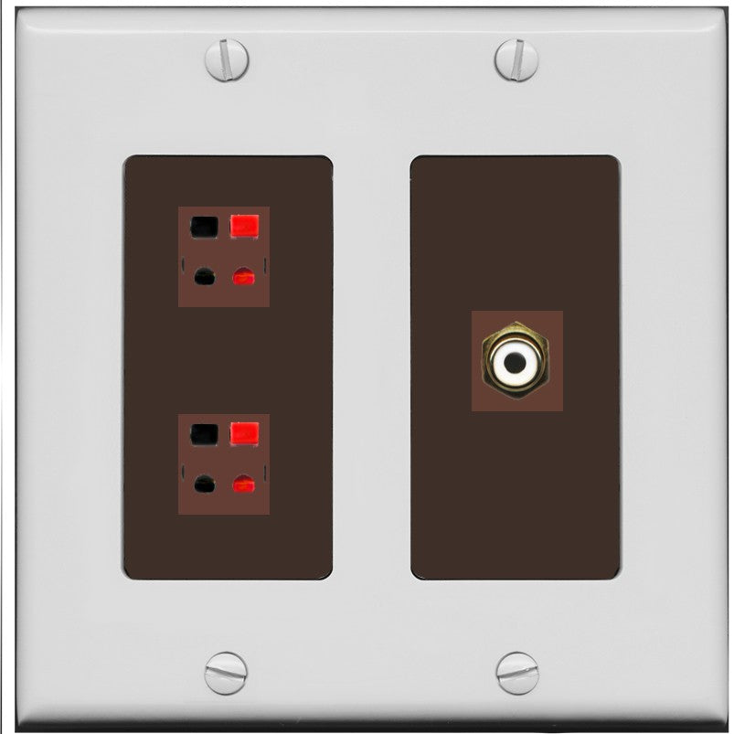 RiteAV 2 Port Speaker Wire Plug Jack Wall Plate with 1 RCA for Subwoofer - 2 Gang [Gray/Brown]