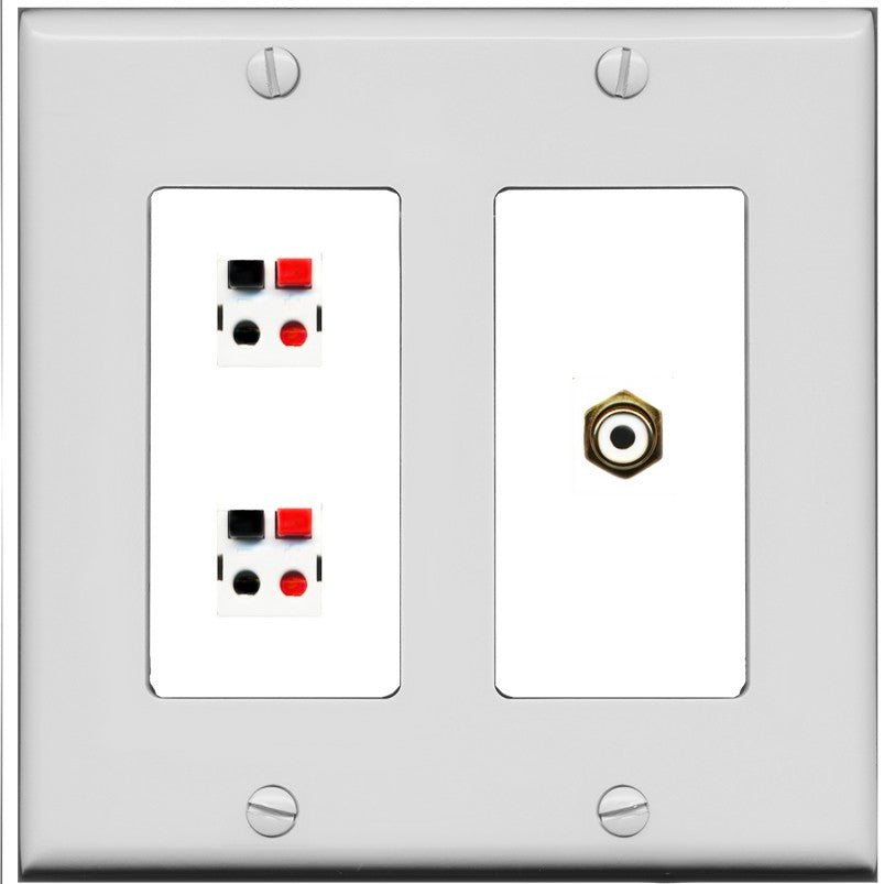 RiteAV 2 Port Speaker Wire Plug Jack Wall Plate with 1 RCA for Subwoofer - 2 Gang [Gray/White]
