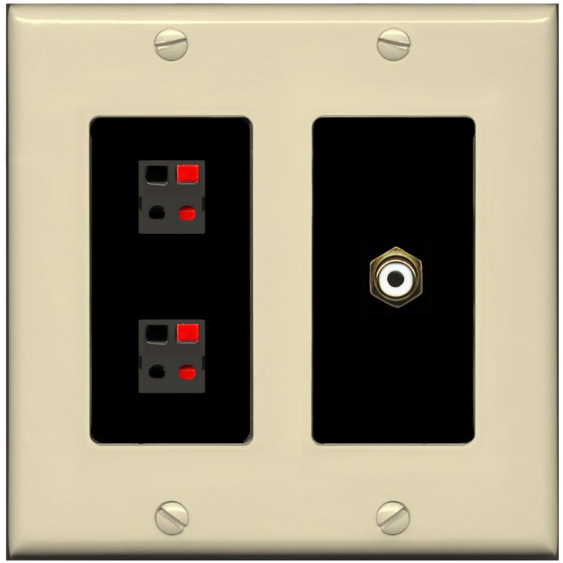 RiteAV 2 Port Speaker Wire Plug Jack Wall Plate with 1 RCA for Subwoofer - 2 Gang [Ivory/Black]