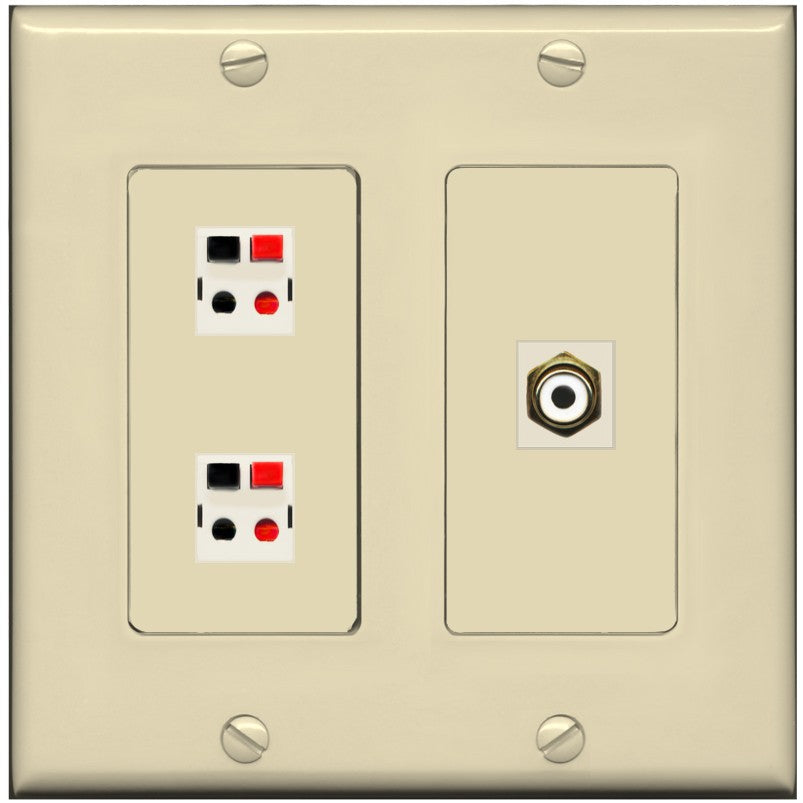 RiteAV 2 Port Speaker Wire Plug Jack Wall Plate with 1 RCA for Subwoofer - 2 Gang [Ivory/Ivory]