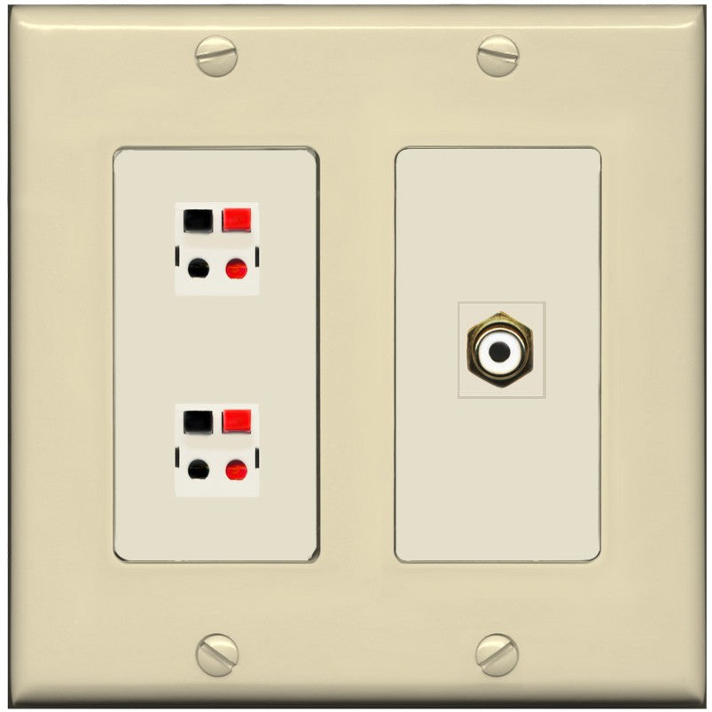 RiteAV 2 Port Speaker Wire Plug Jack Wall Plate with 1 RCA for Subwoofer - 2 Gang [Ivory/Light-Almond]