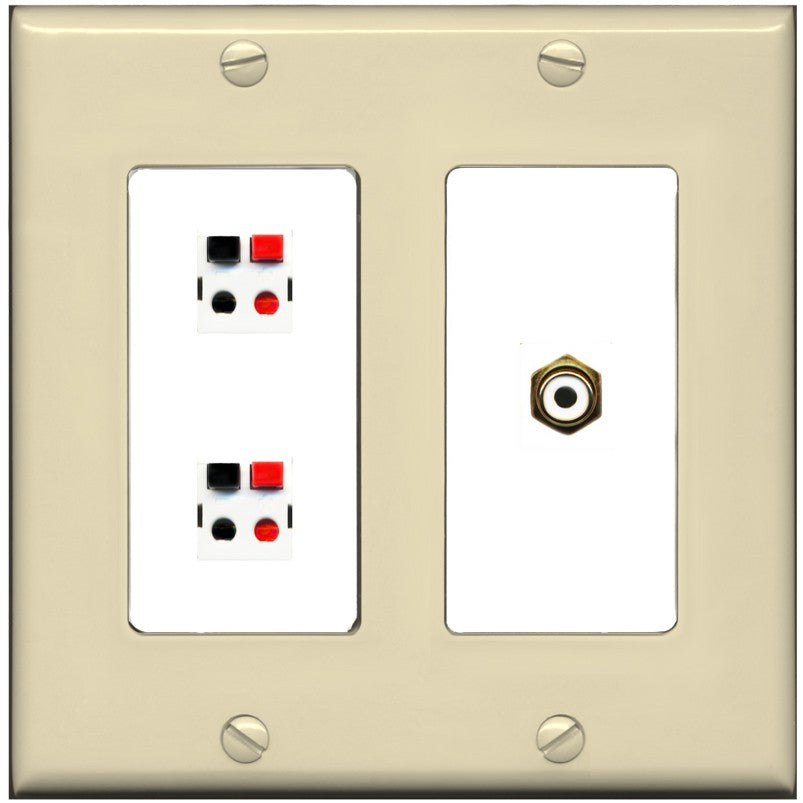 RiteAV 2 Port Speaker Wire Plug Jack Wall Plate with 1 RCA for Subwoofer - 2 Gang [Ivory/White]