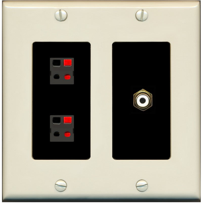 RiteAV 2 Port Speaker Wire Plug Jack Wall Plate with 1 RCA for Subwoofer - 2 Gang [Light-Almond/Black]
