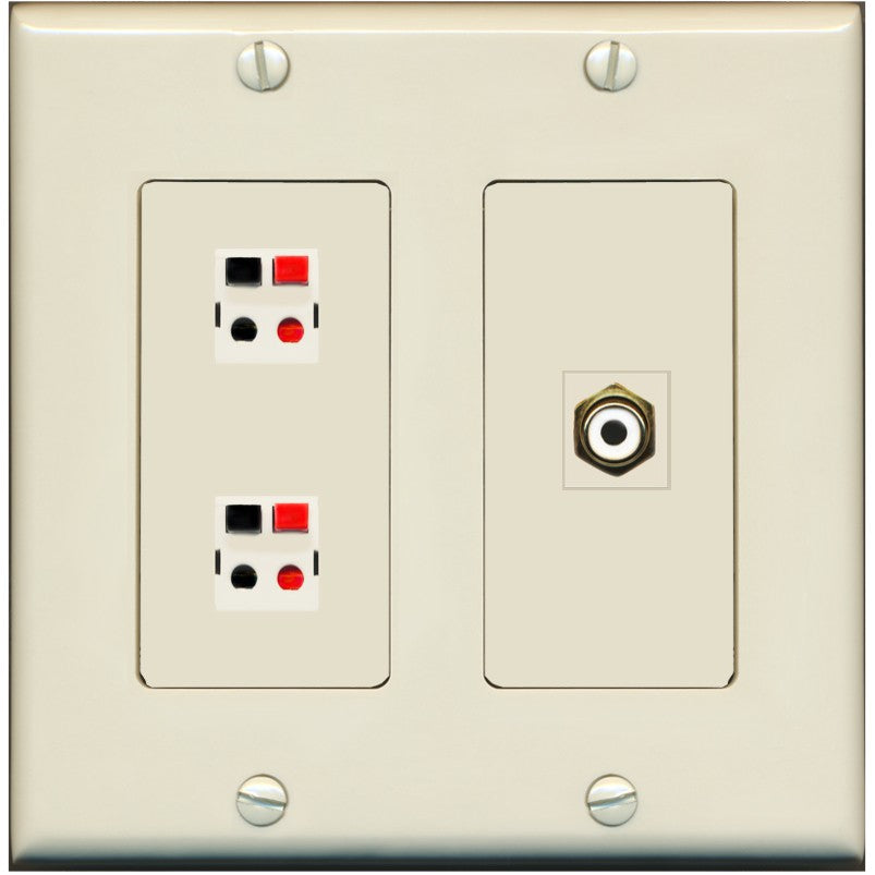 RiteAV 2 Port Speaker Wire Plug Jack Wall Plate with 1 RCA for Subwoofer - 2 Gang [Light-Almond]