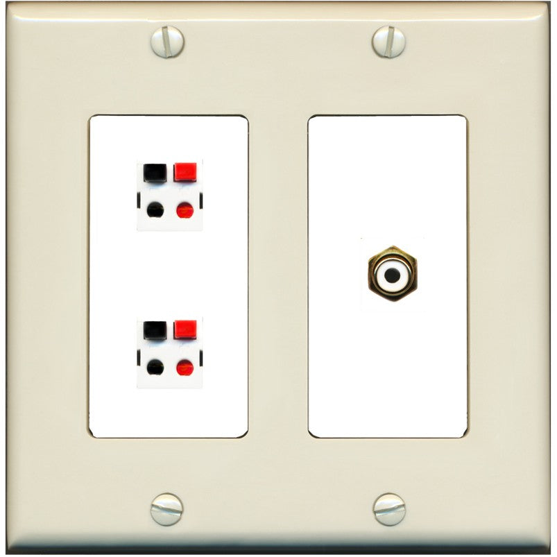 RiteAV 2 Port Speaker Wire Plug Jack Wall Plate with 1 RCA for Subwoofer - 2 Gang [Light-Almond/White]