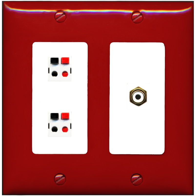 RiteAV 2 Port Speaker Wire Plug Jack Wall Plate with 1 RCA for Subwoofer - 2 Gang [Red/White]