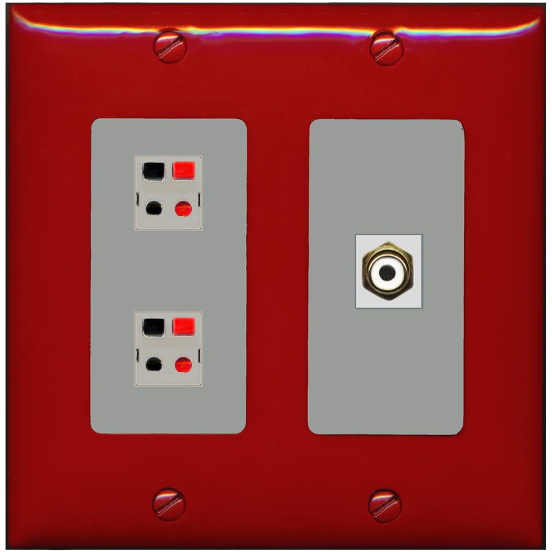 RiteAV 2 Port Speaker Wire Plug Jack Wall Plate with 1 RCA for Subwoofer - 2 Gang [Red/Gray]