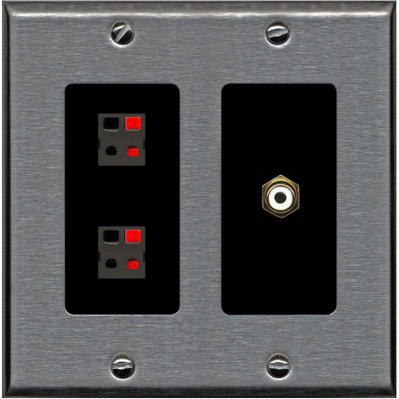 RiteAV 2 Port Speaker Wire Plug Jack Wall Plate with 1 RCA for Subwoofer - 2 Gang [Stainless/Black]