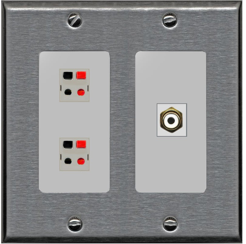 RiteAV 2 Port Speaker Wire Plug Jack Wall Plate with 1 RCA for Subwoofer - 2 Gang [Stainless/Gray]