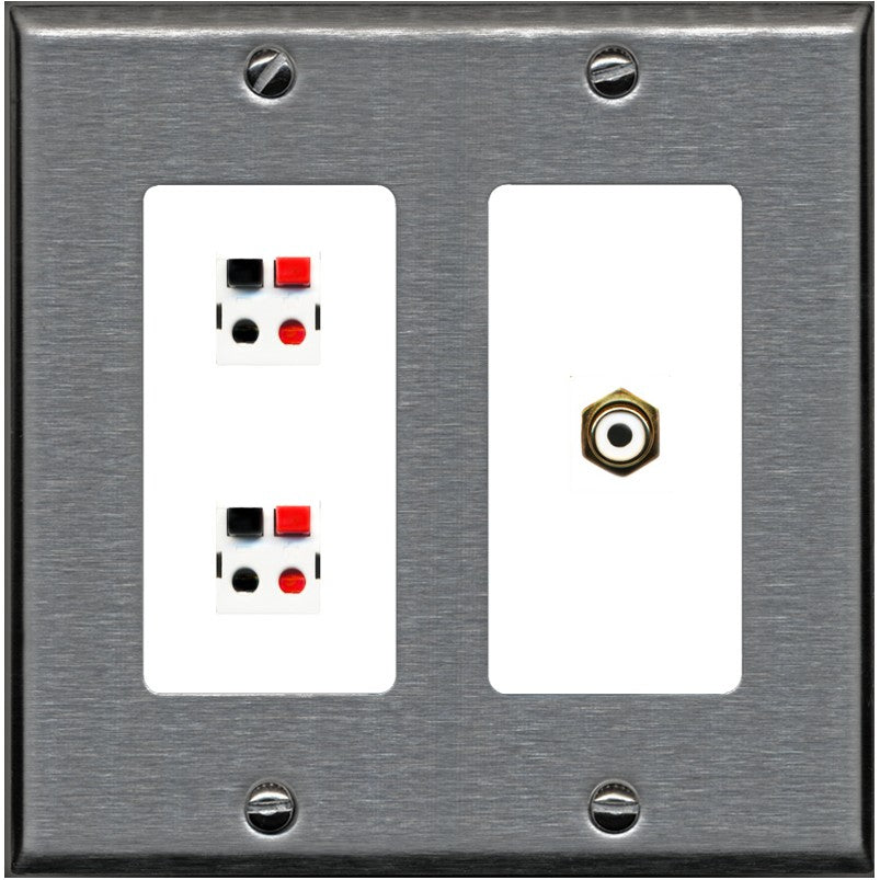 RiteAV 2 Port Speaker Wire Plug Jack Wall Plate with 1 RCA for Subwoofer - 2 Gang [Stainless/White]