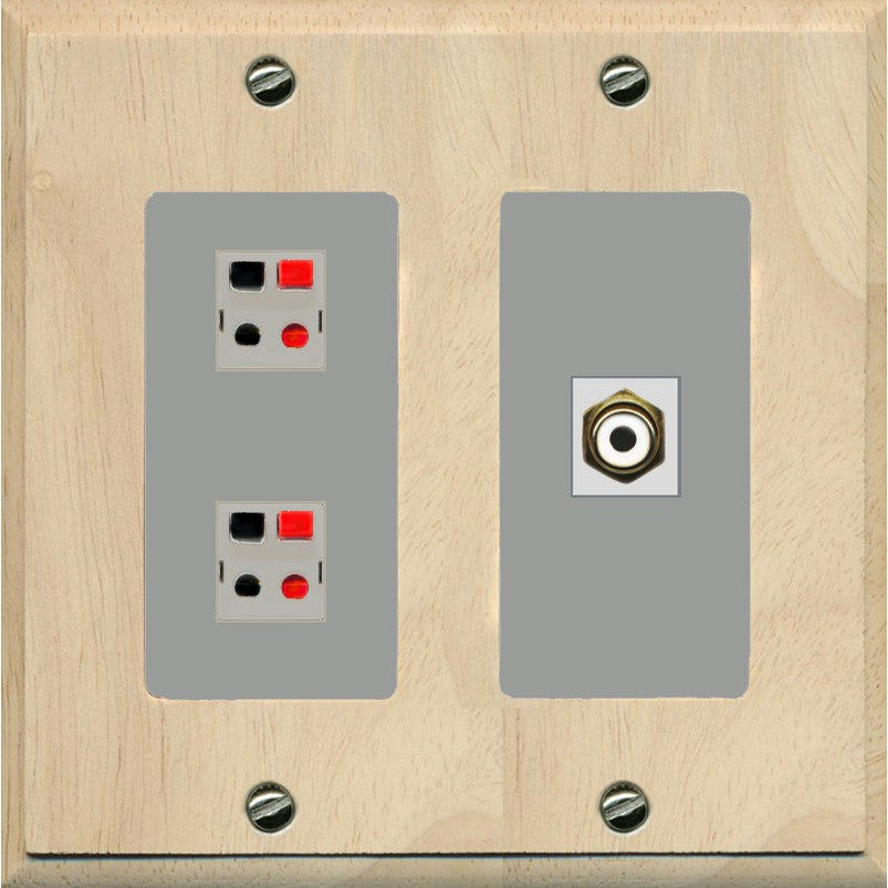 RiteAV 2 Port Speaker Wire Plug Jack Wall Plate with 1 RCA for Subwoofer - 2 Gang [Wood/Gray]