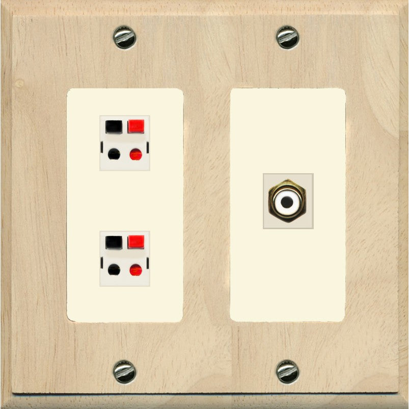 RiteAV 2 Port Speaker Wire Plug Jack Wall Plate with 1 RCA for Subwoofer - 2 Gang [Wood/Light-Almond]