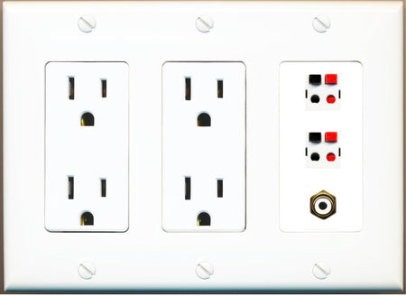 RiteAV 2 Port Speaker Wire Plug Jack Wall Plate with RCA for Subwoofer - 2 Outlet [White]
