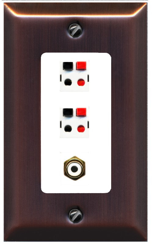 RiteAV 2 Port Speaker Wire Plug Jack Wall Plate with 1 RCA for Subwoofer - 1 Gang Decorative [Brushed-Copper/White]