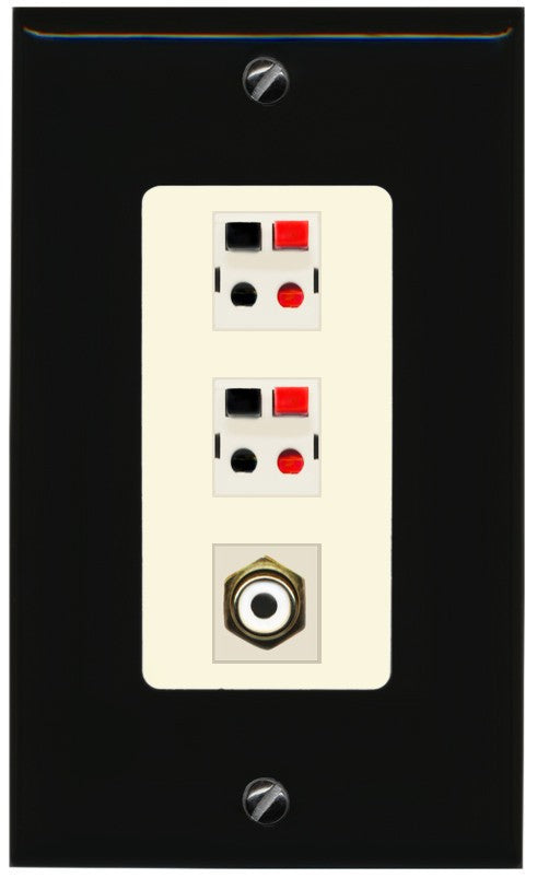 RiteAV 2 Port Speaker Wire Plug Jack Wall Plate with 1 RCA for Subwoofer - 1 Gang Decorative [Black/Light-Almond]
