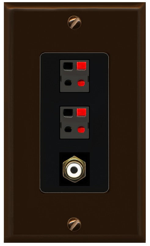 RiteAV 2 Port Speaker Wire Plug Jack Wall Plate with 1 RCA for Subwoofer - 1 Gang Decorative [Brown/Black]