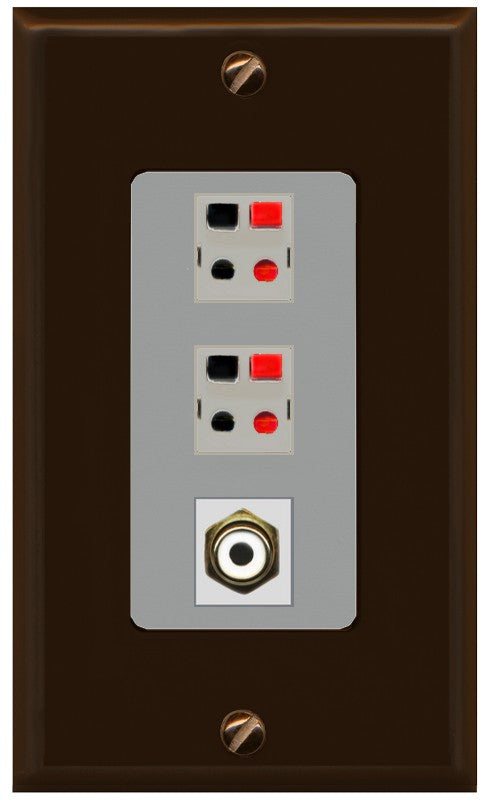 RiteAV 2 Port Speaker Wire Plug Jack Wall Plate with 1 RCA for Subwoofer - 1 Gang Decorative [Brown/Gray]