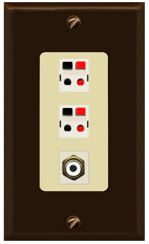 RiteAV 2 Port Speaker Wire Plug Jack Wall Plate with 1 RCA for Subwoofer - 1 Gang Decorative [Brown/Ivory]