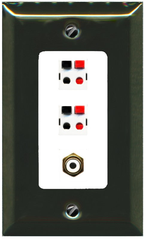 RiteAV 2 Port Speaker Wire Plug Jack Wall Plate with 1 RCA for Subwoofer - 1 Gang Decorative [Brass/White]